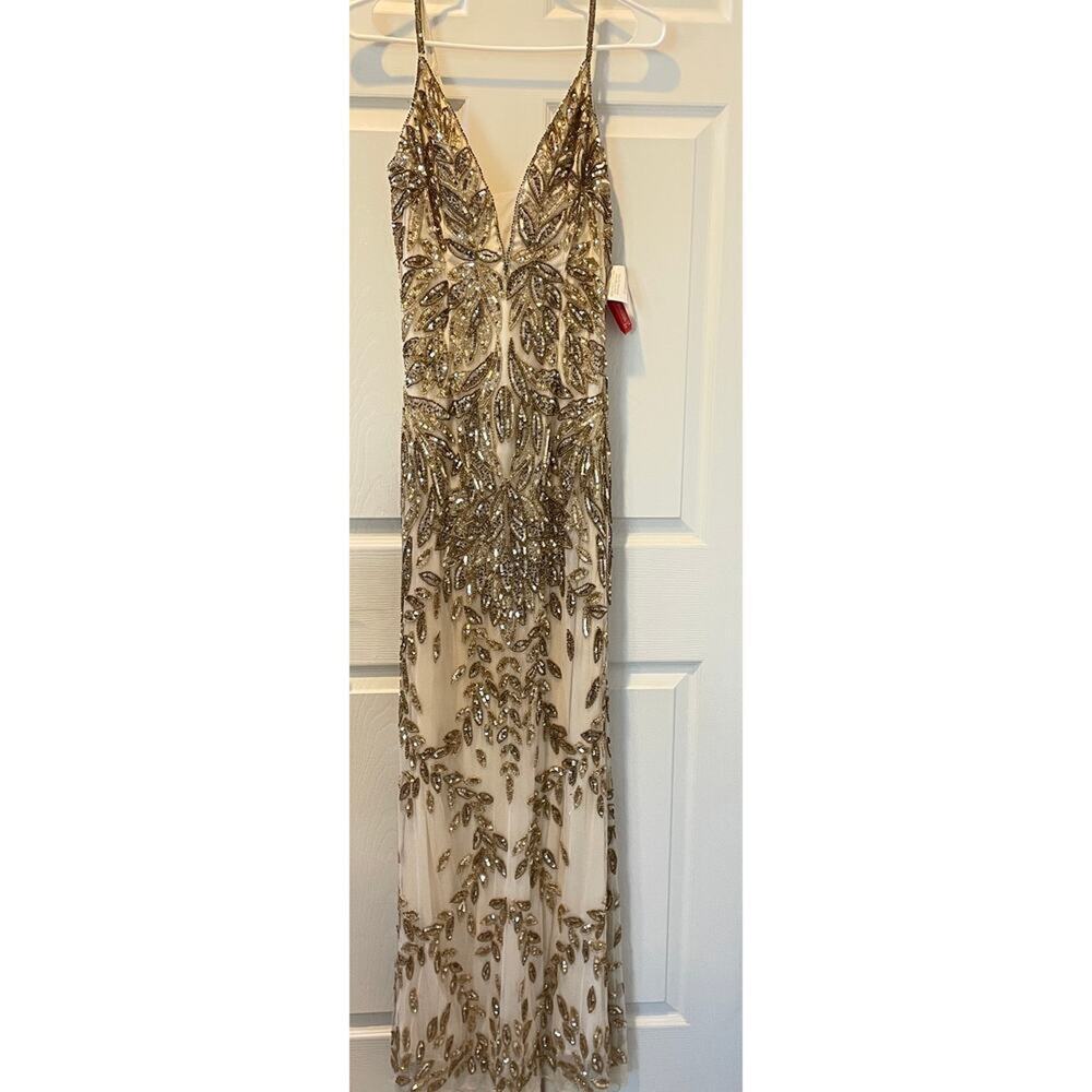 New! Mac Duggal Golden Godess Crystal Lace Trumpet Evening Gown Sz 14 NWT $698 - Picture 5 of 8